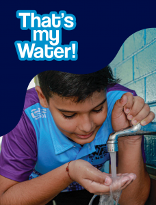 Thats my water logo with student drinking water from school tap