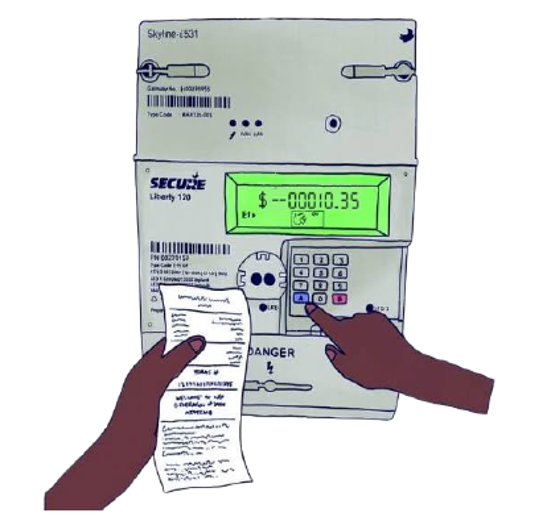 Prepayment electricity meter showing a customer entering the top-up code from their receipt